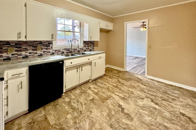 kitchen featuring backsplash, white cabinetry, and black dishwasher