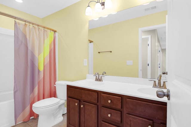 9785 Black Willow Ln, Ladson, SC 29456 - bathroom with toilet, double vanity, shower / bath combo with shower curtain, and tile patterned floors