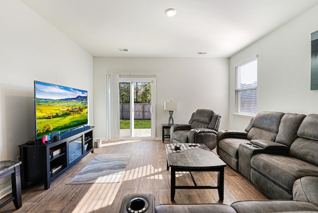 living room featuring plenty of natural light and hardwood / wood-style flooring