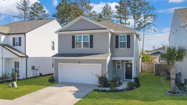 front facade with a garage and a front lawn