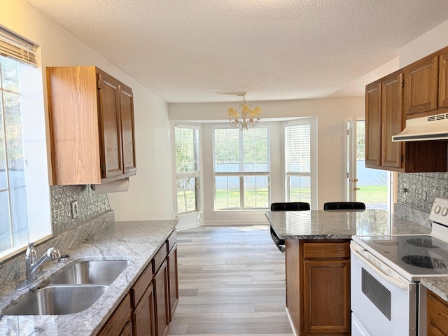 kitchen featuring under cabinet range hood, electric range, brown cabinetry, and a sink