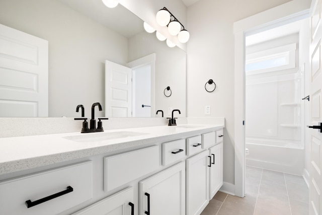 bathroom featuring shower / bathing tub combination, tile patterned flooring, and vanity