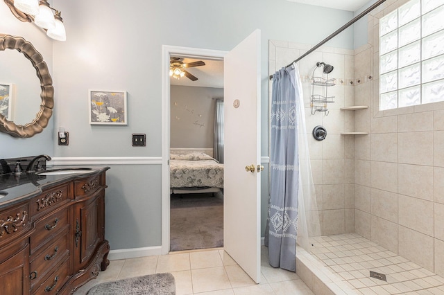 full bathroom featuring a stall shower, ensuite bath, tile patterned flooring, and vanity