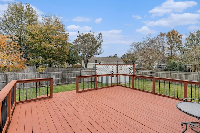 deck with a fenced backyard and a lawn