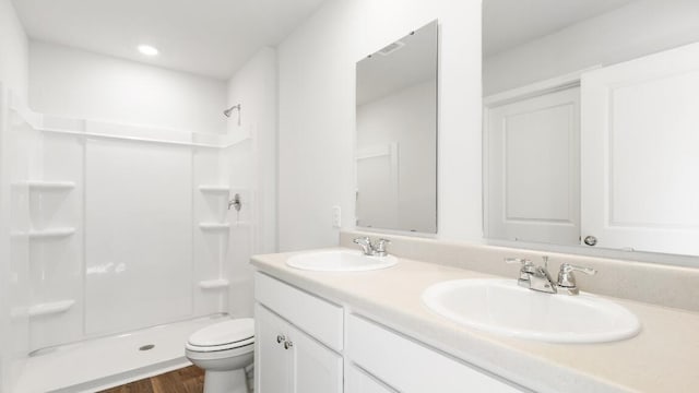 1009 Folly Rd, Summerton, SC 29148 - bathroom featuring a shower stall, double vanity, a sink, and toilet