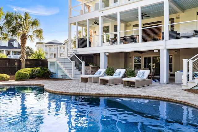 1635 Bull Creek Ln, Charleston, SC 29414 - swimming pool featuring ceiling fan, stairway, and a patio area