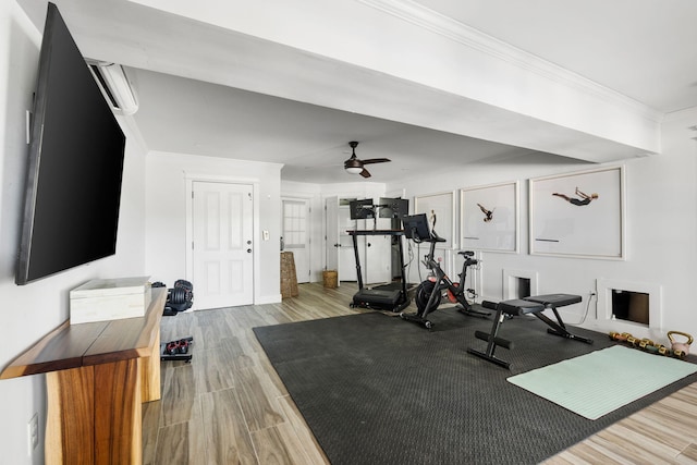 1635 Bull Creek Ln, Charleston, SC 29414 - workout room featuring wood finished floors, ornamental molding, a ceiling fan, and baseboards