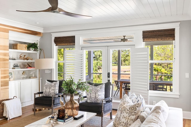1635 Bull Creek Ln, Charleston, SC 29414 - living room featuring a ceiling fan, wood finished floors, plenty of natural light, and wooden ceiling