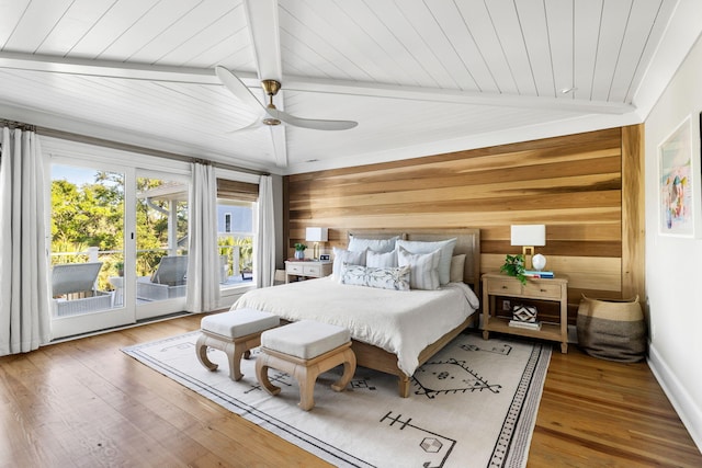 1635 Bull Creek Ln, Charleston, SC 29414 - bedroom with access to outside, wood walls, wood finished floors, wooden ceiling with exposed beams, and ceiling fan