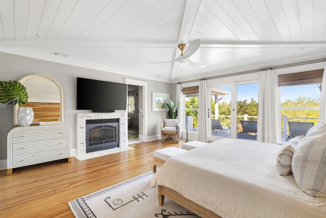 1635 Bull Creek Ln, Charleston, SC 29414 - bedroom with access to outside, light wood finished floors, a fireplace with flush hearth, wood ceiling with exposed beams, and a ceiling fan
