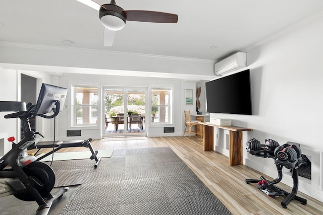1635 Bull Creek Ln, Charleston, SC 29414 - exercise room featuring a wall mounted AC, ornamental molding, light wood finished floors, a ceiling fan, and baseboards