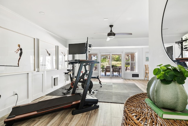 1635 Bull Creek Ln, Charleston, SC 29414 - exercise area with crown molding, wood finished floors, and ceiling fan
