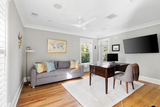 1635 Bull Creek Ln, Charleston, SC 29414 - office space with light wood finished floors, a ceiling fan, baseboards, and crown molding