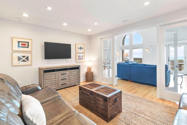 living room with light hardwood / wood-style floors and french doors