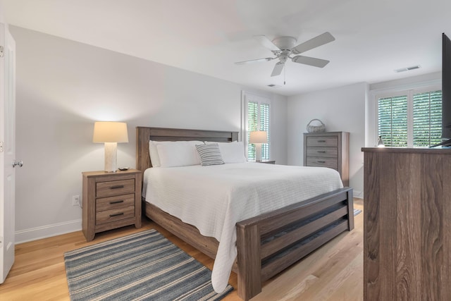 bedroom featuring ceiling fan, light wood-type flooring, and multiple windows