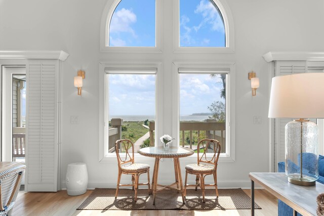 living area with a towering ceiling, light hardwood / wood-style floors, and plenty of natural light