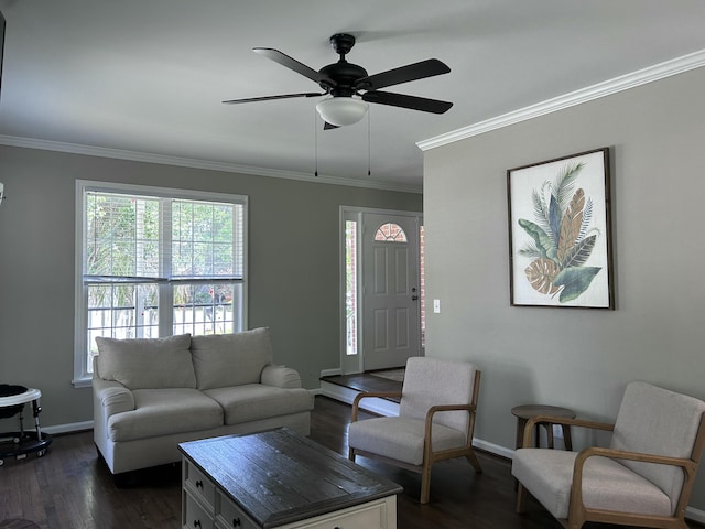 8701 Caspiana Ln, North Charleston, SC 29420 - living area featuring crown molding, dark wood finished floors, and ceiling fan