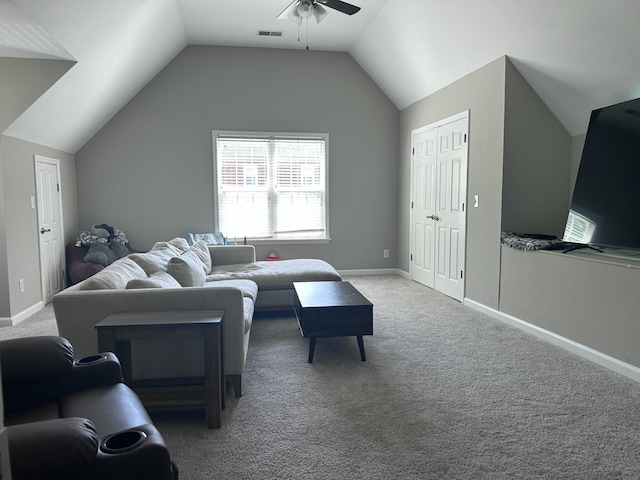 8701 Caspiana Ln, North Charleston, SC 29420 - living room with ceiling fan, carpet, and lofted ceiling