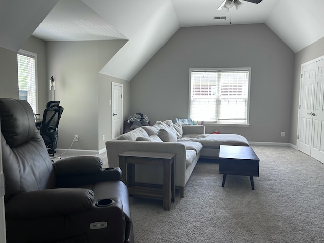 8701 Caspiana Ln, North Charleston, SC 29420 - carpeted living area featuring ceiling fan and lofted ceiling