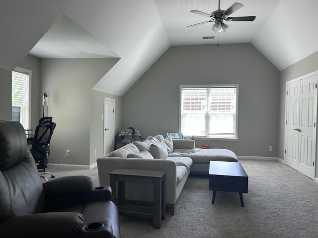 8701 Caspiana Ln, North Charleston, SC 29420 - living area with light carpet, a ceiling fan, healthy amount of natural light, and lofted ceiling