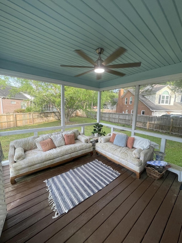 8701 Caspiana Ln, North Charleston, SC 29420 - wooden deck featuring ceiling fan, a fenced backyard, and an outdoor living space