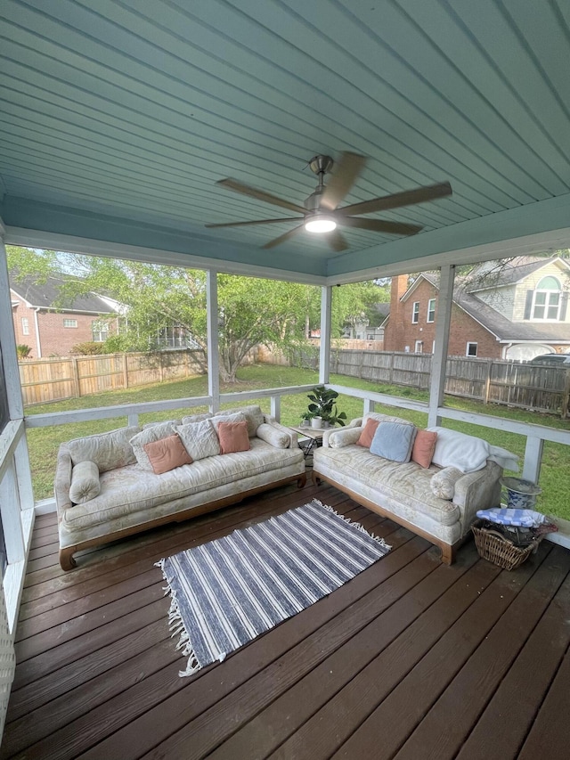 8701 Caspiana Ln, North Charleston, SC 29420 - wooden terrace with a fenced backyard, a ceiling fan, and outdoor lounge area