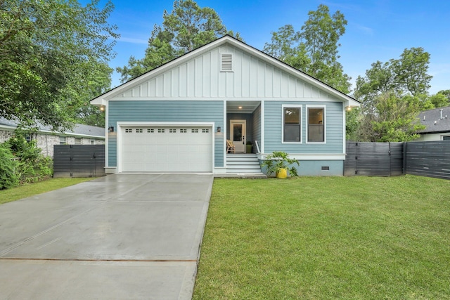 view of front facade featuring a garage, crawl space, a front lawn, and board and batten siding