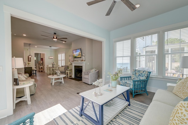 living room featuring ceiling fan, a healthy amount of sunlight, and light hardwood / wood-style floors