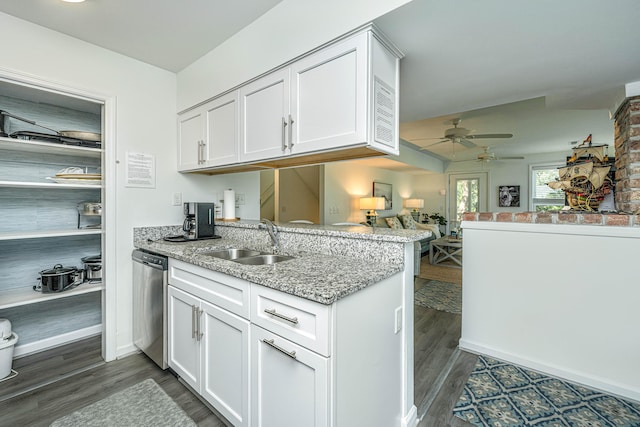 kitchen with white cabinets, dark hardwood / wood-style flooring, sink, dishwasher, and ceiling fan