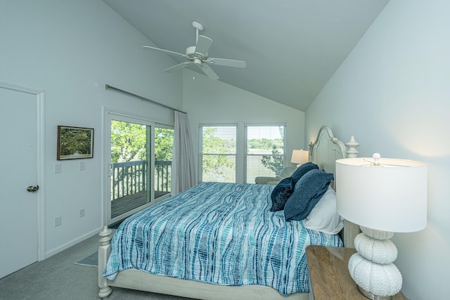 bedroom with high vaulted ceiling, ceiling fan, carpet, and access to exterior