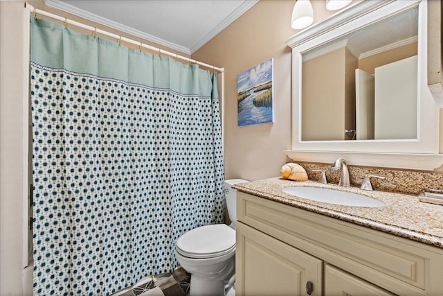 bathroom with ornamental molding, curtained shower, vanity, and toilet