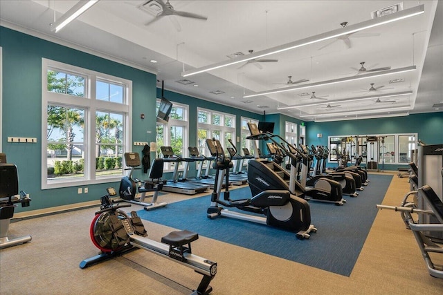 workout area with baseboards, visible vents, a ceiling fan, and a wealth of natural light