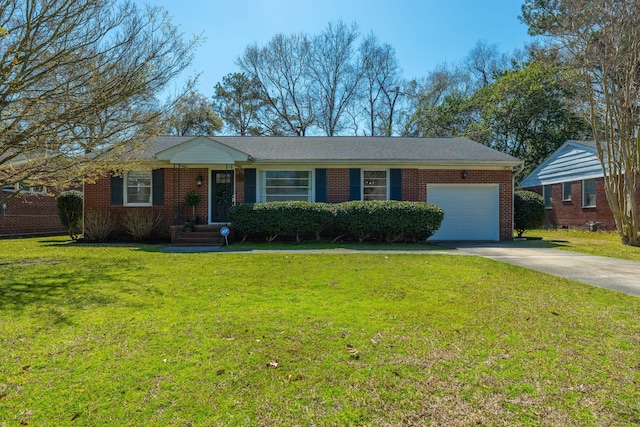 ranch-style house with brick siding, a front lawn, concrete driveway, and a garage