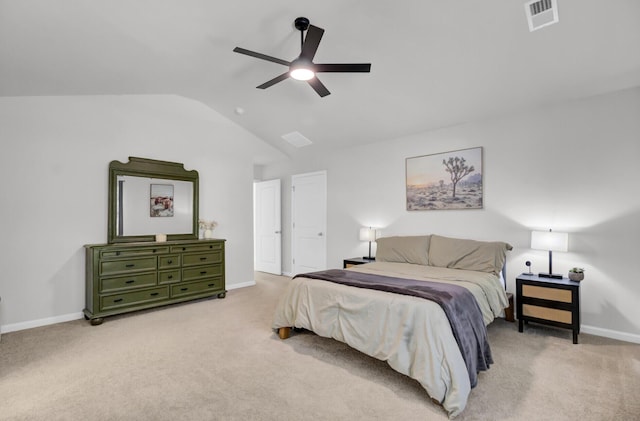 carpeted bedroom featuring ceiling fan and lofted ceiling