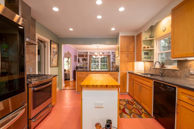 kitchen with black dishwasher, stainless steel range with gas cooktop, open shelves, a sink, and wooden counters