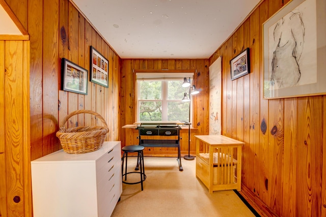 living area featuring light carpet and wood walls