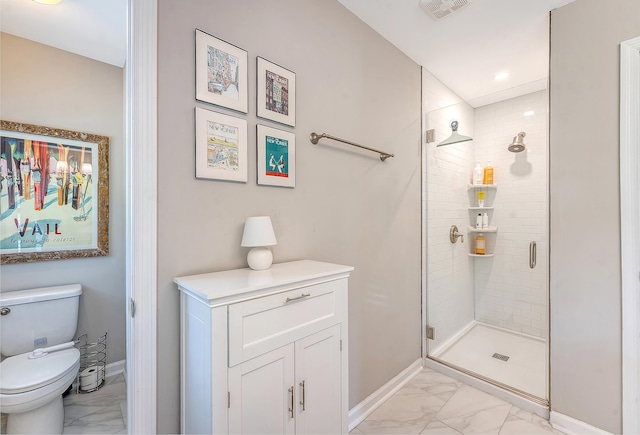 803 Burnett Dr, Charleston, SC 29412 - bathroom featuring marble finish flooring, a stall shower, baseboards, toilet, and recessed lighting