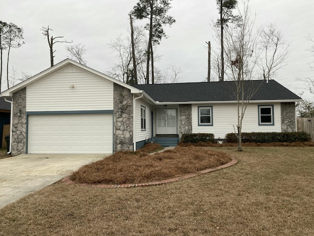 single story home with a garage and a front lawn