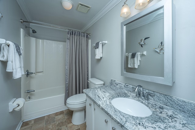 full bathroom featuring tile flooring, shower / bathtub combination with curtain, toilet, ornamental molding, and oversized vanity