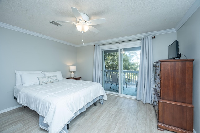 bedroom with light hardwood / wood-style flooring, ceiling fan, a textured ceiling, ornamental molding, and access to outside