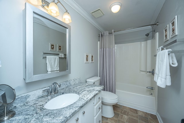 full bathroom with crown molding, shower / tub combo with curtain, tile flooring, toilet, and vanity