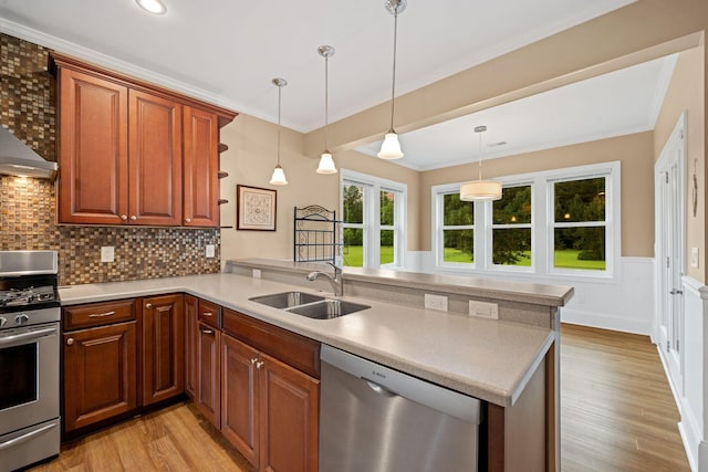 727 Sonny Boy Ln, Johns Island, SC 29455 - kitchen featuring stainless steel appliances, a sink, a peninsula, light wood-style flooring, and crown molding