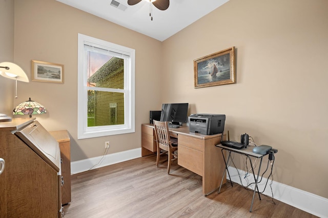 727 Sonny Boy Ln, Johns Island, SC 29455 - home office featuring ceiling fan, light wood-type flooring, and baseboards