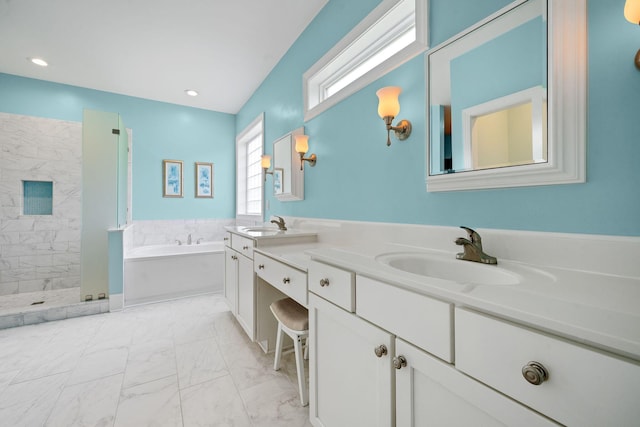 727 Sonny Boy Ln, Johns Island, SC 29455 - full bathroom featuring marble look tiles, a garden tub, double vanity, and tiled shower