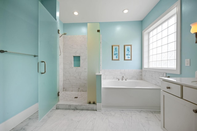 727 Sonny Boy Ln, Johns Island, SC 29455 - bathroom with a bath, a stall shower, marble finish flooring, vanity, and recessed lighting