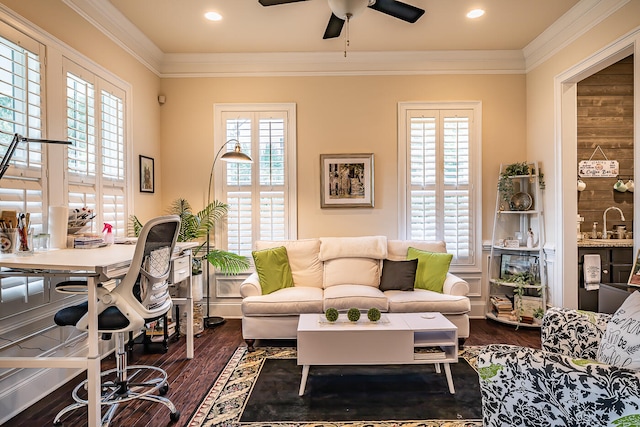 living room featuring crown molding, a healthy amount of sunlight, and dark wood-type flooring