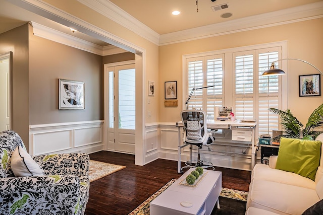 15 Carter Oaks, Ladys Island, SC 29907 - living room with healthy amount of natural light, an office area, dark wood-style flooring, a wainscoted wall, and ornamental molding