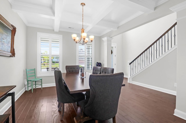 dining room featuring dark wood-type flooring, coffered ceiling, a notable chandelier, beamed ceiling, and ornate columns