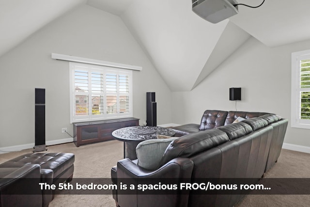 carpeted living room with lofted ceiling