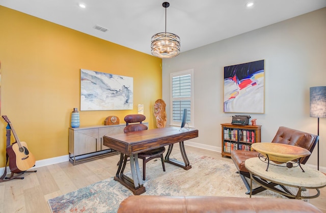 366 Tupelo Lake Dr, Summerville, SC 29486 - home office with baseboards, wood finished floors, recessed lighting, and a chandelier